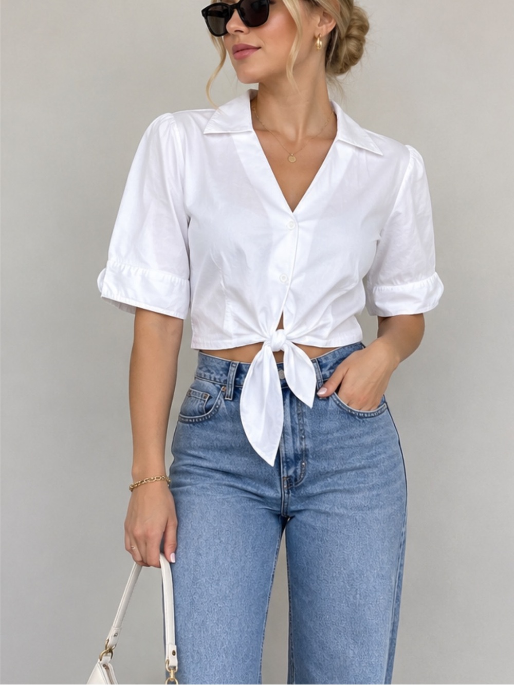 Rafaella White Tie-Front Button Down Blouse